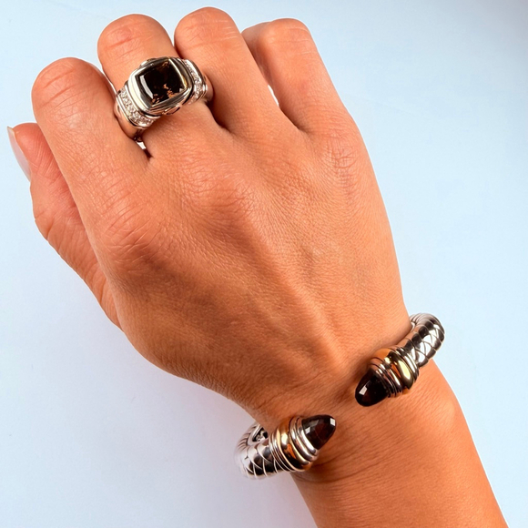 Scott Kay 18K Gold Smoky Quartz Hinged Cuff Sterling Silver 925 Waverly Bracelet - Picture 6 of 12